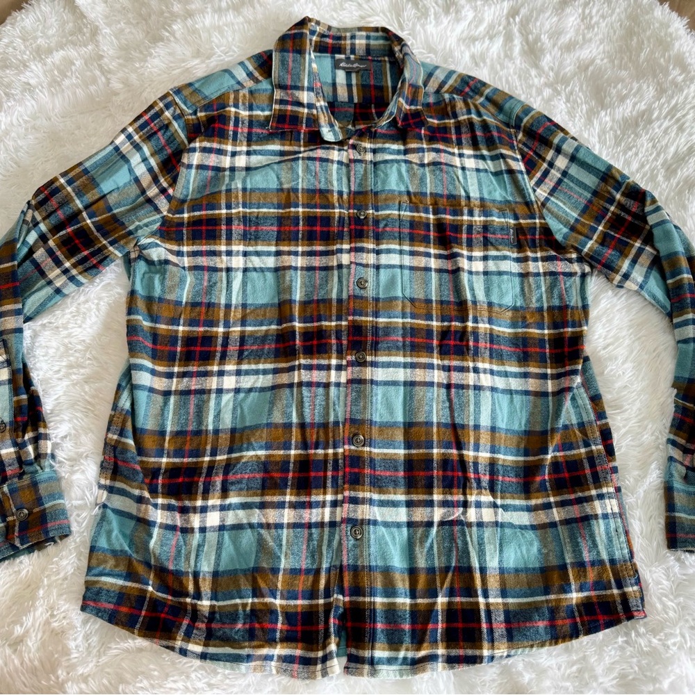 Men's Eddie Bauer Soft Plaid Button-Up Shirt Teal and Brown Size XL 100% Cotton